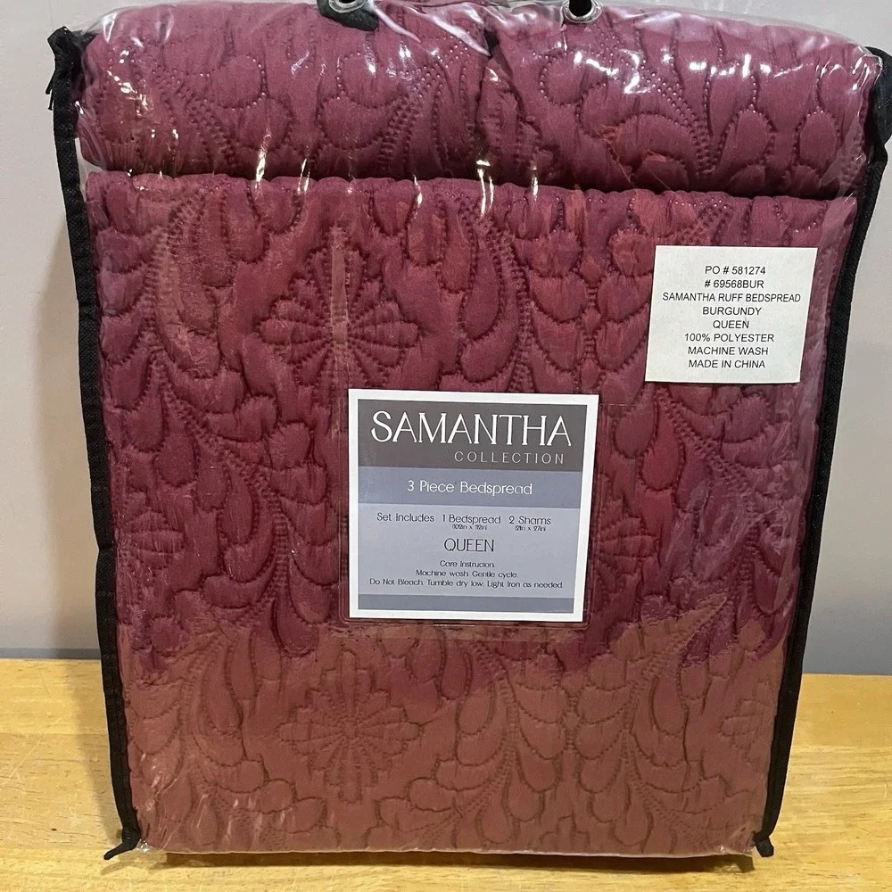 Samantha Collection Burgundy Queen Size 3 Piece Bedspread‎ Set Quilted Maroon